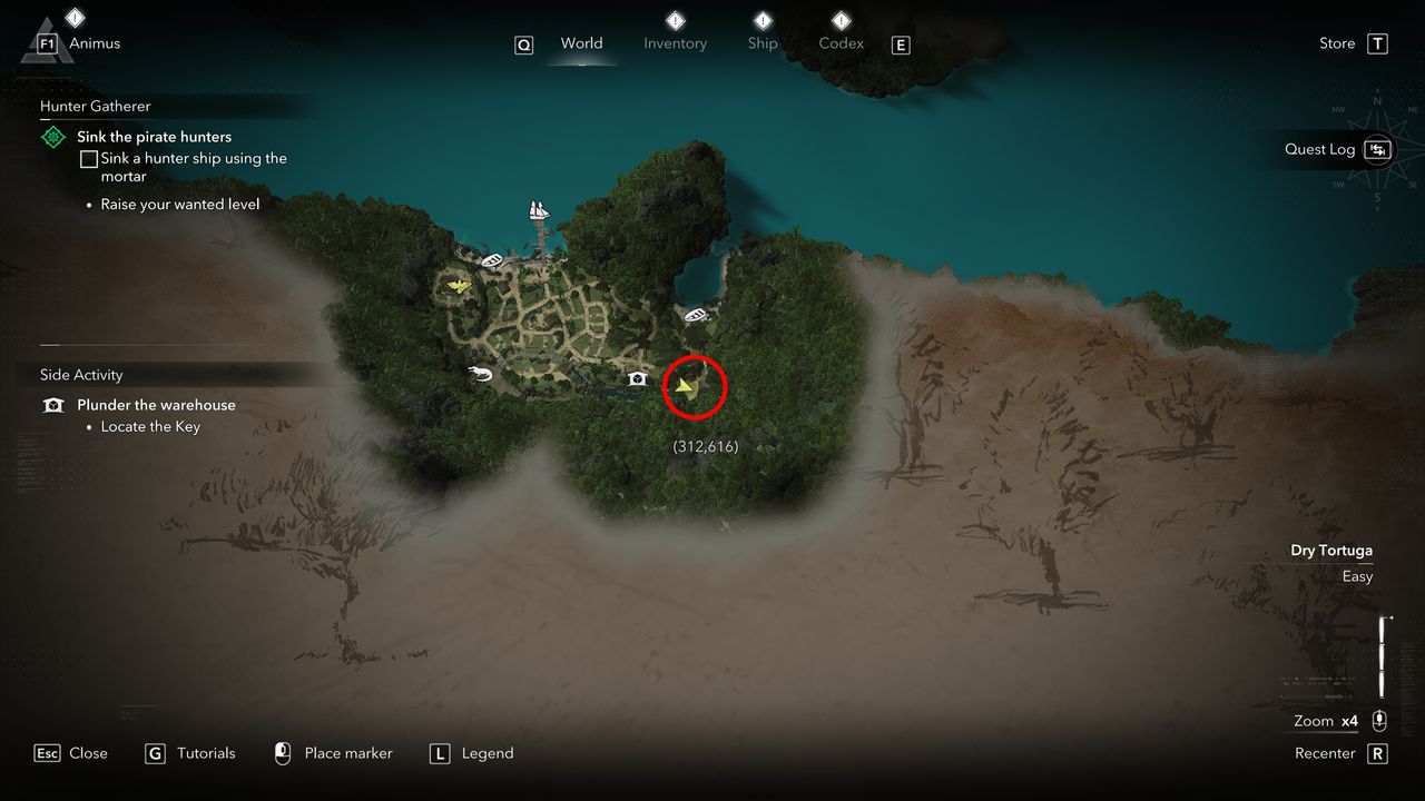 Black Flag treasure maps: A screenshot of the map with a red circle showing the location of the buried treasure chest in Matanzas.