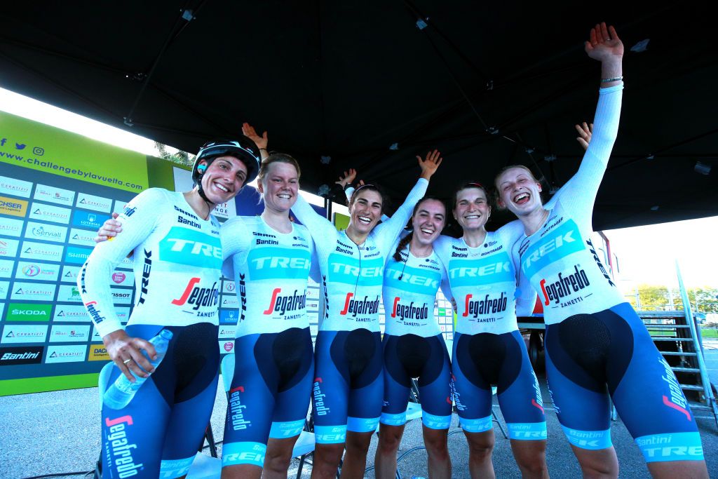 MARINA DE CUDEYO SPAIN SEPTEMBER 07 Elisa Balsamo of Italy Elynor Backstedt of The United Kingdom Lucinda Brand of Netherlands Amalie Dideriksen of Denmark Elisa Longo Borghini of Italy Shirin Van Anrooij of Netherlands and Team Trek Segafredo celebrate as stage winners during the 8th Ceratizit Challenge By La Vuelta 2022 Stage 1 a 199km team time trial stage from Marina de Cudeyo to Marina de Cudeyo CERATIZITChallenge22 UCIWWT on September 07 2022 in Marina de Cudeyo Spain Photo by Gonzalo Arroyo MorenoGetty Images
