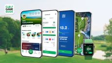Four smartphones and a smartwatch showing Golf GameBook app features