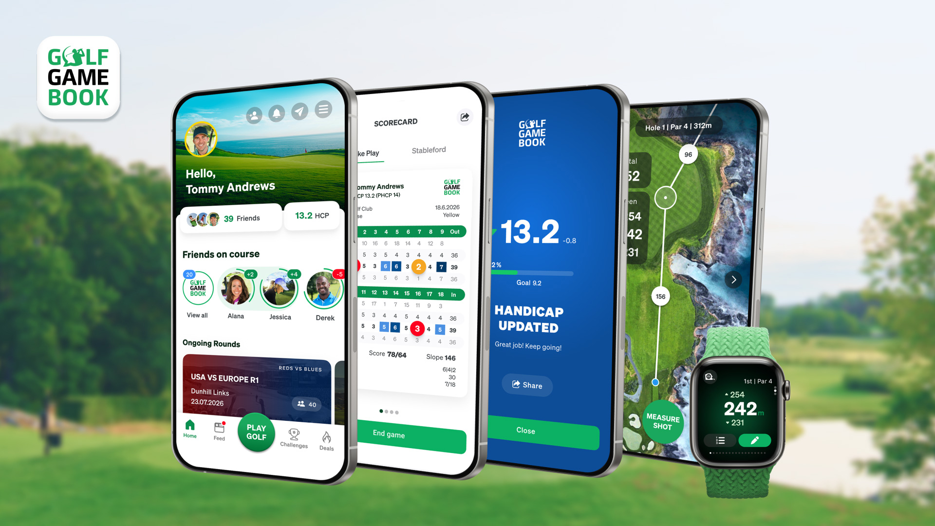 Four smartphones and a smartwatch showing Golf GameBook app features