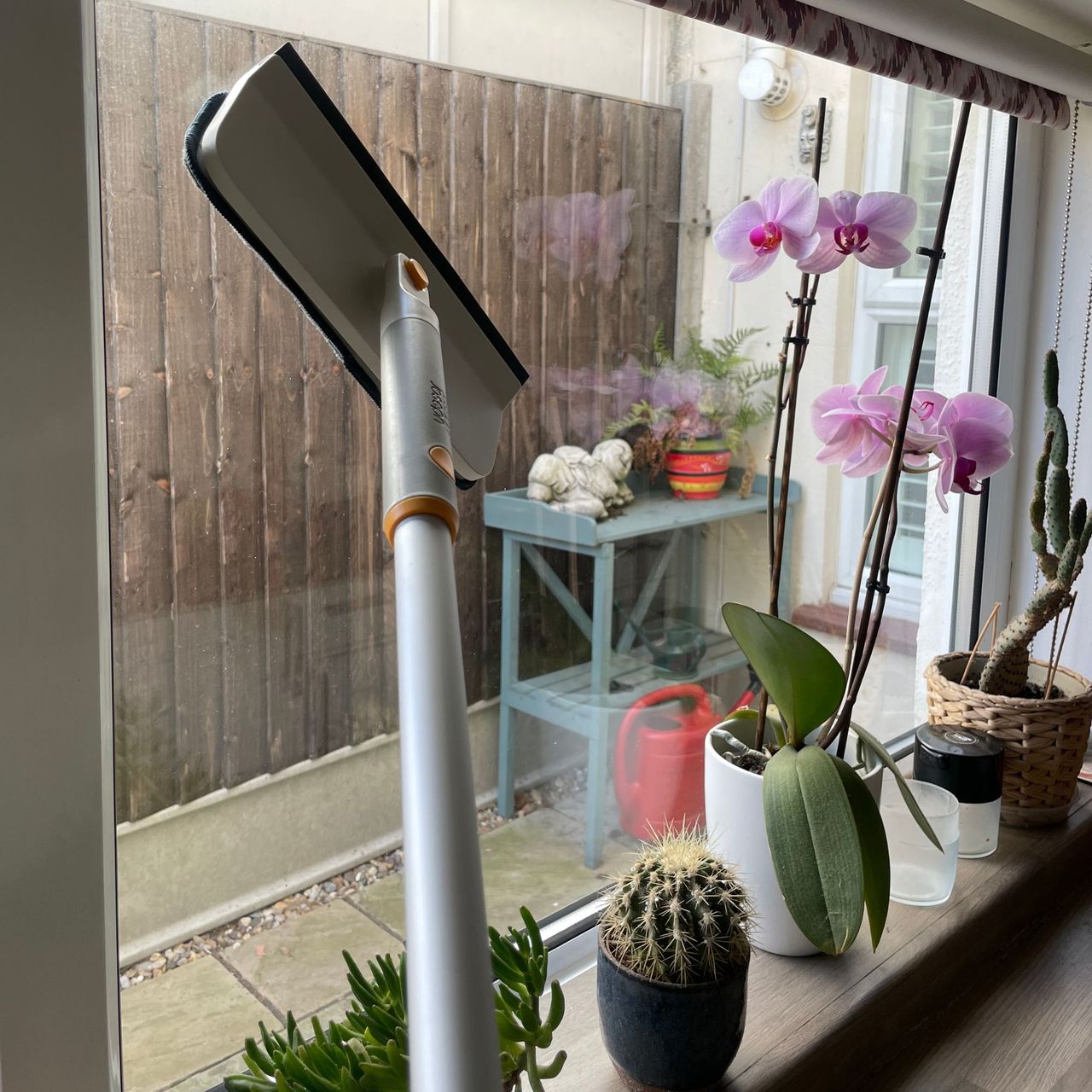 Using the Joseph Joseph cleantech window cleaner on a window with plants on the window sill