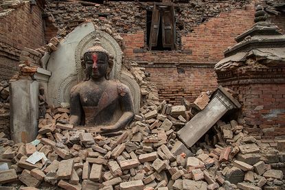 Debris from a collapsed temple after the 2015 earthquake in Nepal.