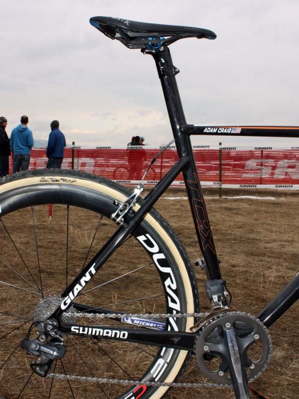 Despite the deep cross-section on the seat tube, Adam Craig (Rabobank-Giant) says the new carbon bike is more comfortable than his old aluminum one thanks to the built-in flex pattern.