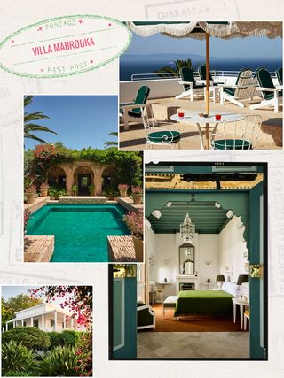 A collage of four images depicting a pool, rooftop restaurant, hotel room, and garden villa.