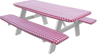 red gingham checked picnic bench cover