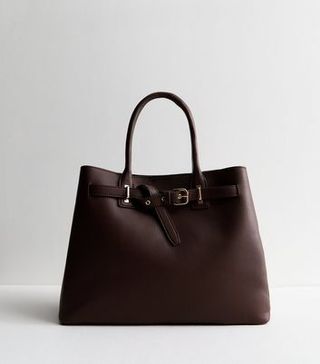 Dark brown leather buckle tote bag