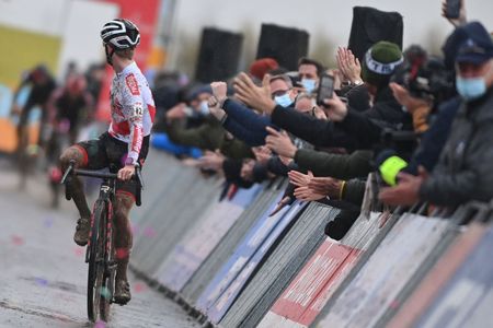 Belgian Eli Iserbyt celebrates as he crosses the finish line to win the mens elite race of the 7th stage out of 16 of the world cup cyclocross in Koksijde Sunday 21 November 2021 BELGA PHOTO DAVID STOCKMAN Photo by DAVID STOCKMANBELGA MAGAFP via Getty Images