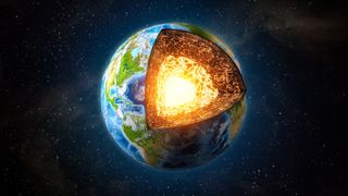 A cross-section diagram showing the Earth&#039;s fiery core