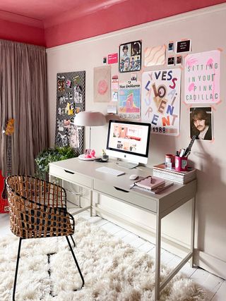 home office with pink ceiling