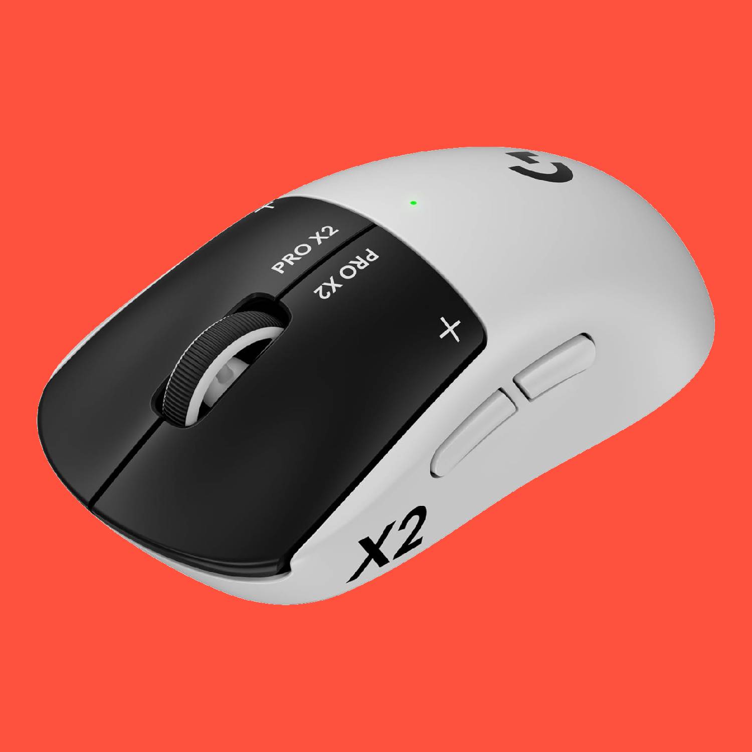 A Logitech G Pro X2 Superstrike gaming mouse on a red background.