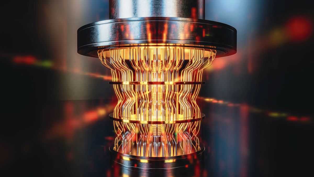 A futuristic glowing quantum computer unit, 3d render