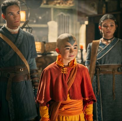 Ian Ousley as Sokka, Gordon Cormier as Aang, Kiawentiio as Katara in season 1 of Avatar: The Last Airbender