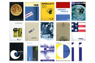 — A colorful collection of original Apollo 11 press kits as they appear in "Marketing the Moon: The Selling of the Apollo Lunar Program" by David Meerman Scott and Richard Jurek.