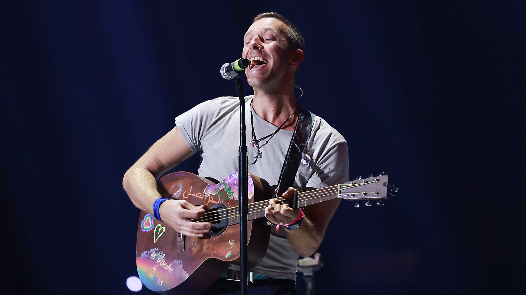 Chris Martin performs on stage during the iHeart Radio Music Festival at the T-Mobile Arena in Las Vegas, Nevada, on September 21, 2024