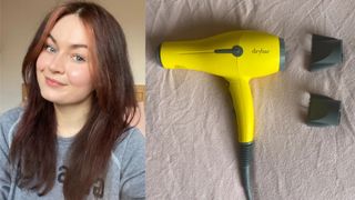 Two images side by side showing Lucy's hair after using the Drybar Buttercup Blow-Dryer (left) and a flatlay of the tool with its two accompanying attachments (right)