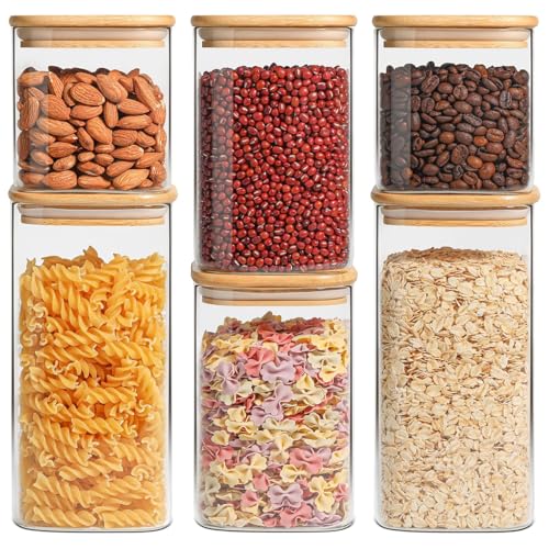 Comsaf Glass Pantry Storage Containers (0.7qt/1.2qt/1.6qt) Set of 6, Glass Storage Containers With Lids, Kitchen Food Storage Jar, Square Glass Jars for Flour Cereal Sugar Tea Coffee Beans Snacks