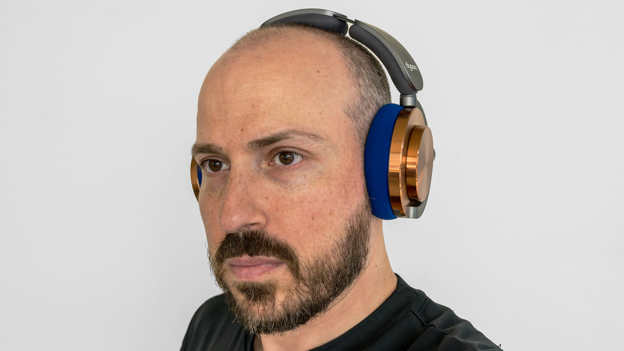 Wearing the Dyson OnTrac headphones view from the front.