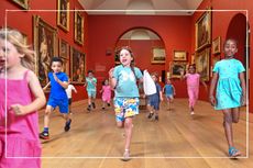 children running in a museum