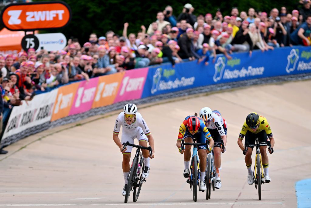 ROUBAIX FRANCE APRIL 06 LR Lotte Kopecky of Belgium and Team SD Worx Protime Elisa Balsamo of Italy and Team Lidl Trek Pfeiffer Georgi of The United Kingdom and Team dsmfirmenich PostNL and Marianne Vos of The Netherlands and Team Visma Lease a Bike sprint at finish line to win the race in the Roubaix Velodrome Velodrome Andre Petrieux during the 4th ParisRoubaix Femmes 2024 a 1485km one day race from Denain to Roubaix on UCIWWT April 06 2024 in Roubaix France Photo by Luc ClaessenGetty Images