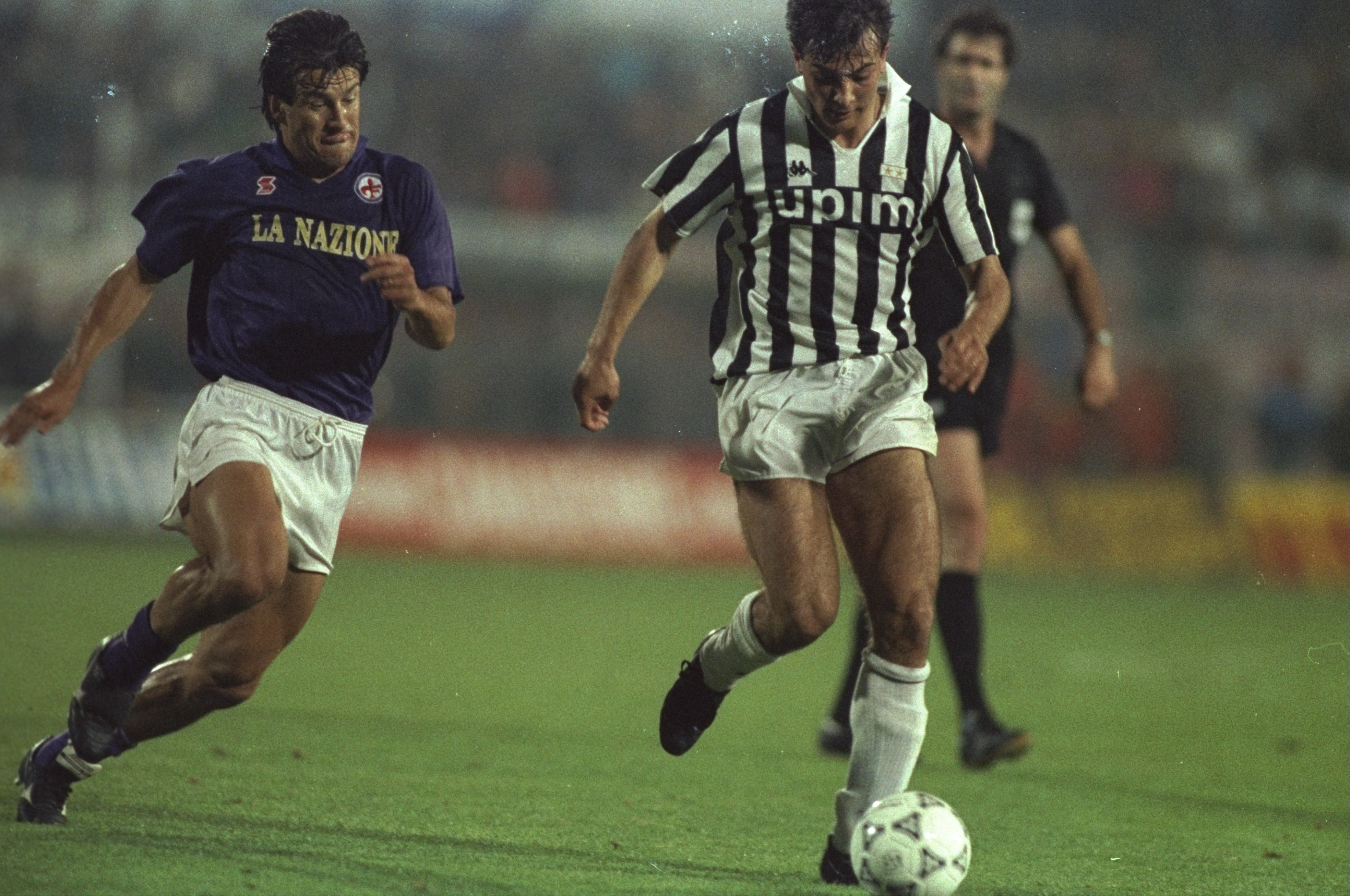 Juventus' Gianluigi Casiraghi is chased by Fiorentina's Dunga in the second leg of the 1990 UEFA Cup final.