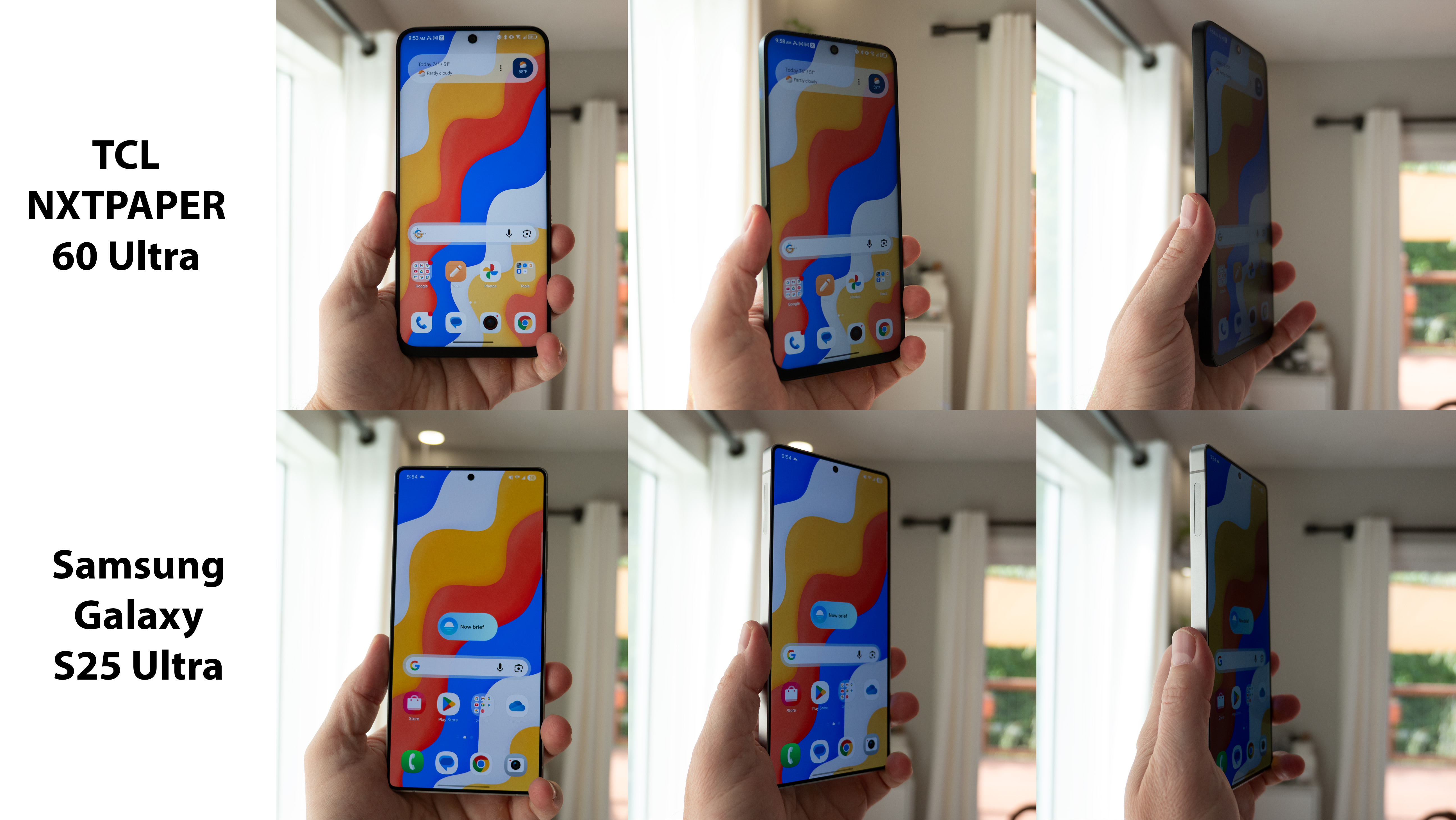 Comparing viewing angles with a bright wallpaper on the TCL NXTPAPER 60 Ultra and the Samsung Galaxy S25 Ultra