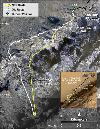 The new route of NASA's Mars Curiosity rover up the slopes of Mount Sharp on Mars is shown in yellow (its old route appears in white) in this false-color image. The new route, unveiled Sept. 11, 2014, is a faster way to the entry point up Mount Sharp and will visit several science targets, scientists say.