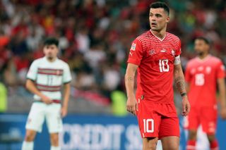 Granit Xhaka of Switzerland Looks on during the UEFA Nations League League A Group 2 match between Switzerland and Portugal at Stade de Geneve on June 12, 2022 in Geneva, Switzerland.