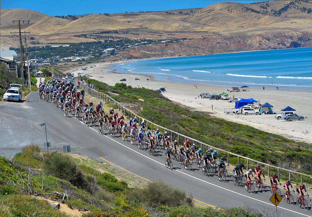 The Peloton is pictured during stage five of the Tour Down Under