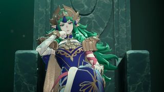 Sothis, a goddess, lounges in her chair in Fire Emblem: Fortune's Weave