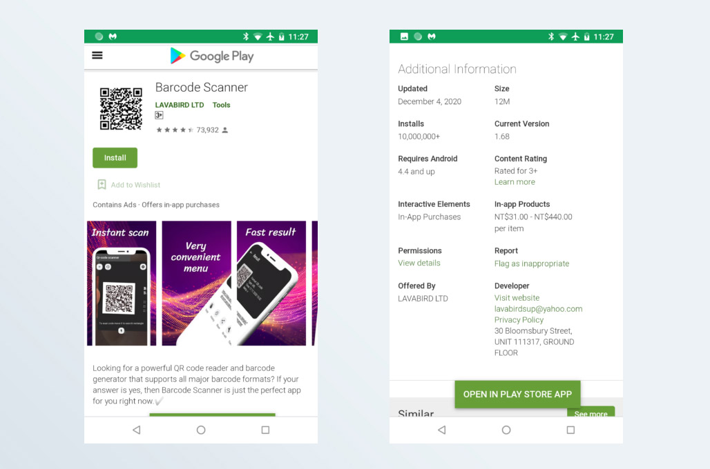 The since-removed Google Play pages for this particular Barcode Scanner app.