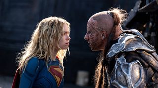 Milly Alcock as Kara Zor-El / Supergirl and Matthias Schoenaerts as Krem in "Supergirl" movie (2026)