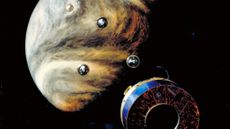 A NASA illustration shows the Pioneer 13 probes descending toward the clouds of Venus.