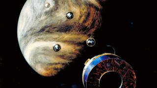 A NASA illustration shows the Pioneer 13 probes descending toward the clouds of Venus.