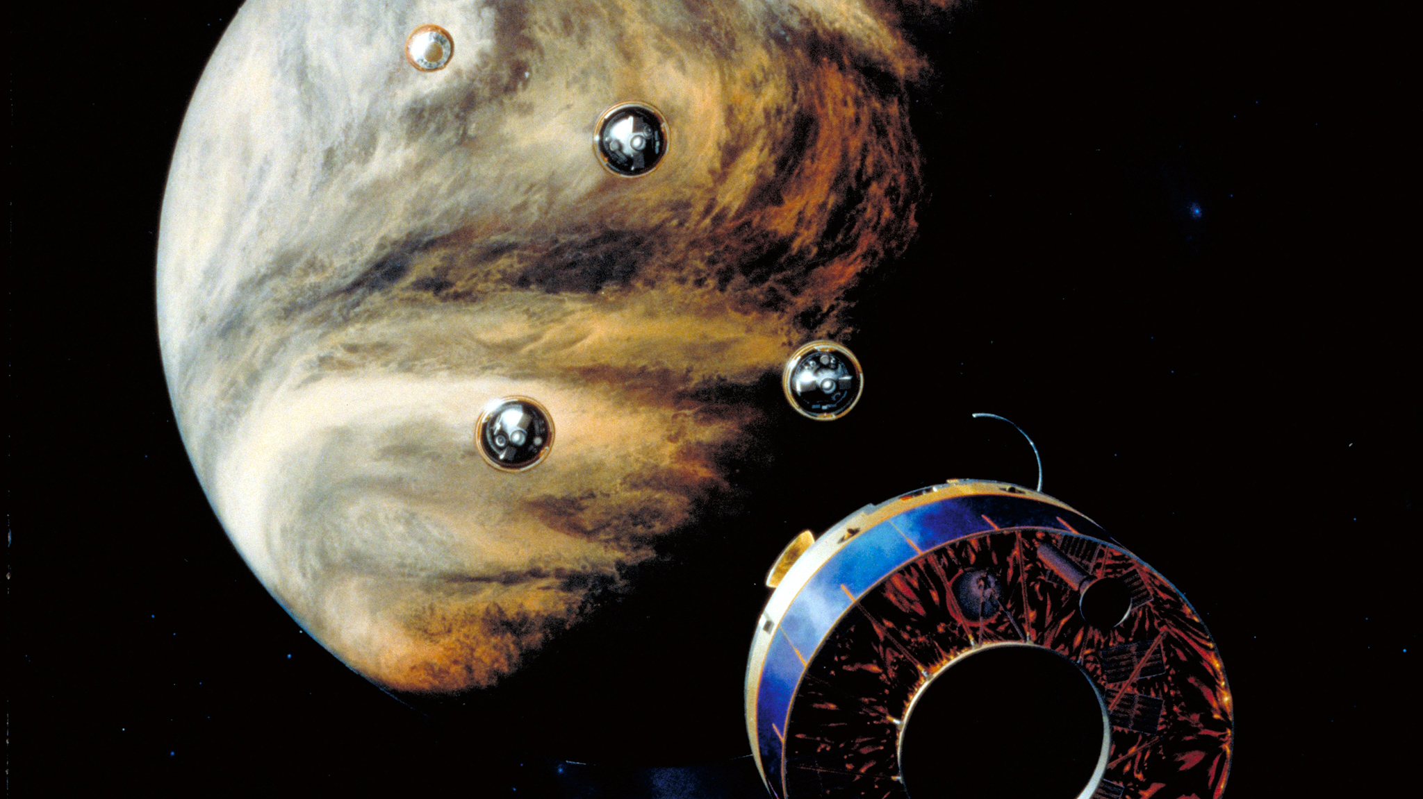 A NASA illustration shows the Pioneer-13 probes descending toward the clouds of Venus.