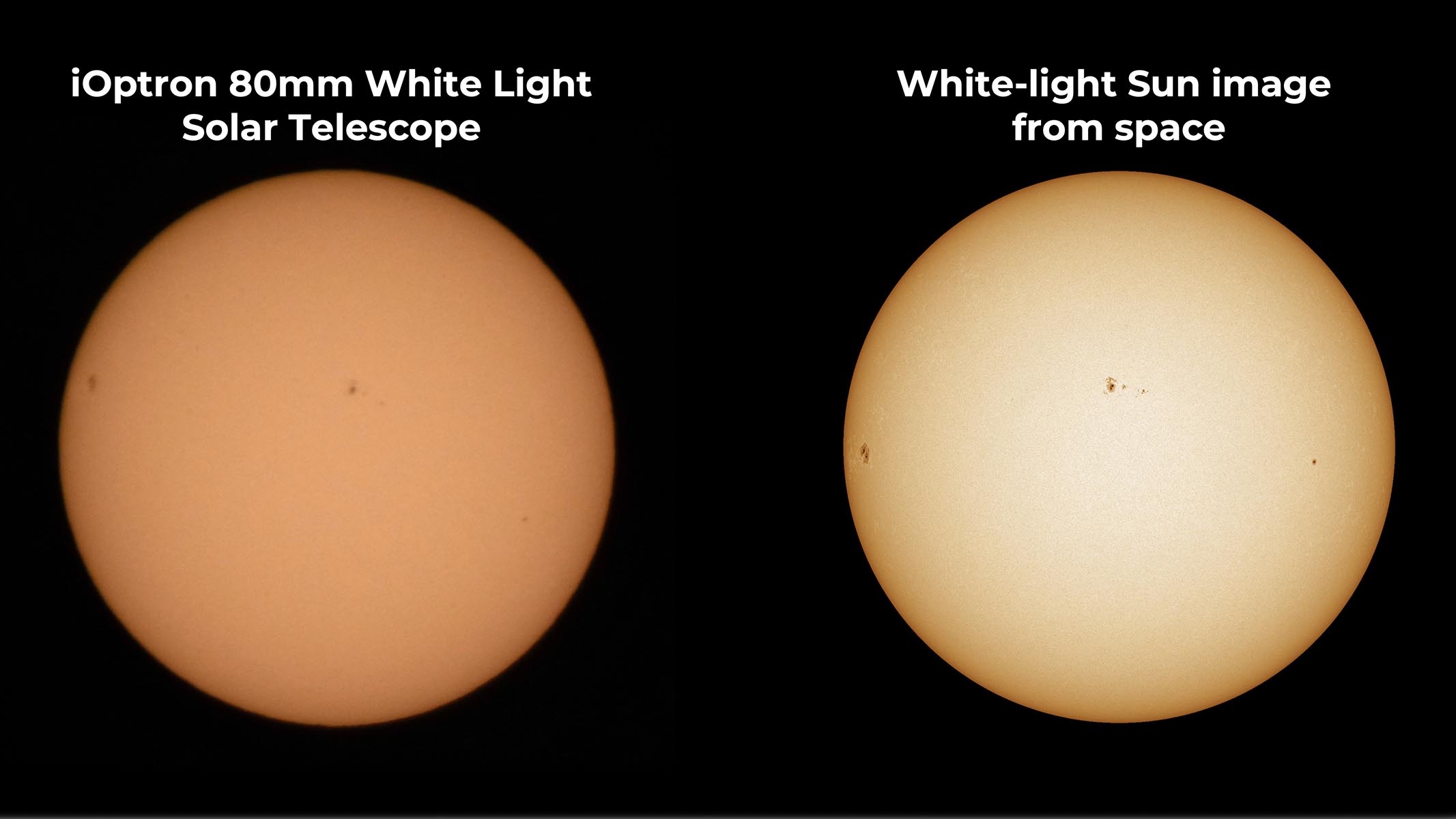 A comparison image of two photographs of the sun, one taken with the iOptron telescope and the other taken from space
