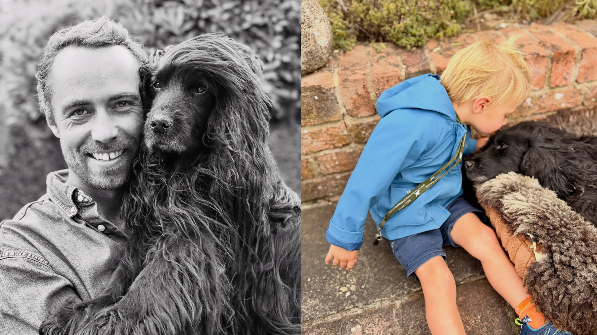 James Middleton hugging his dog, Zulu, and his son, Inigo, kissing Zulu