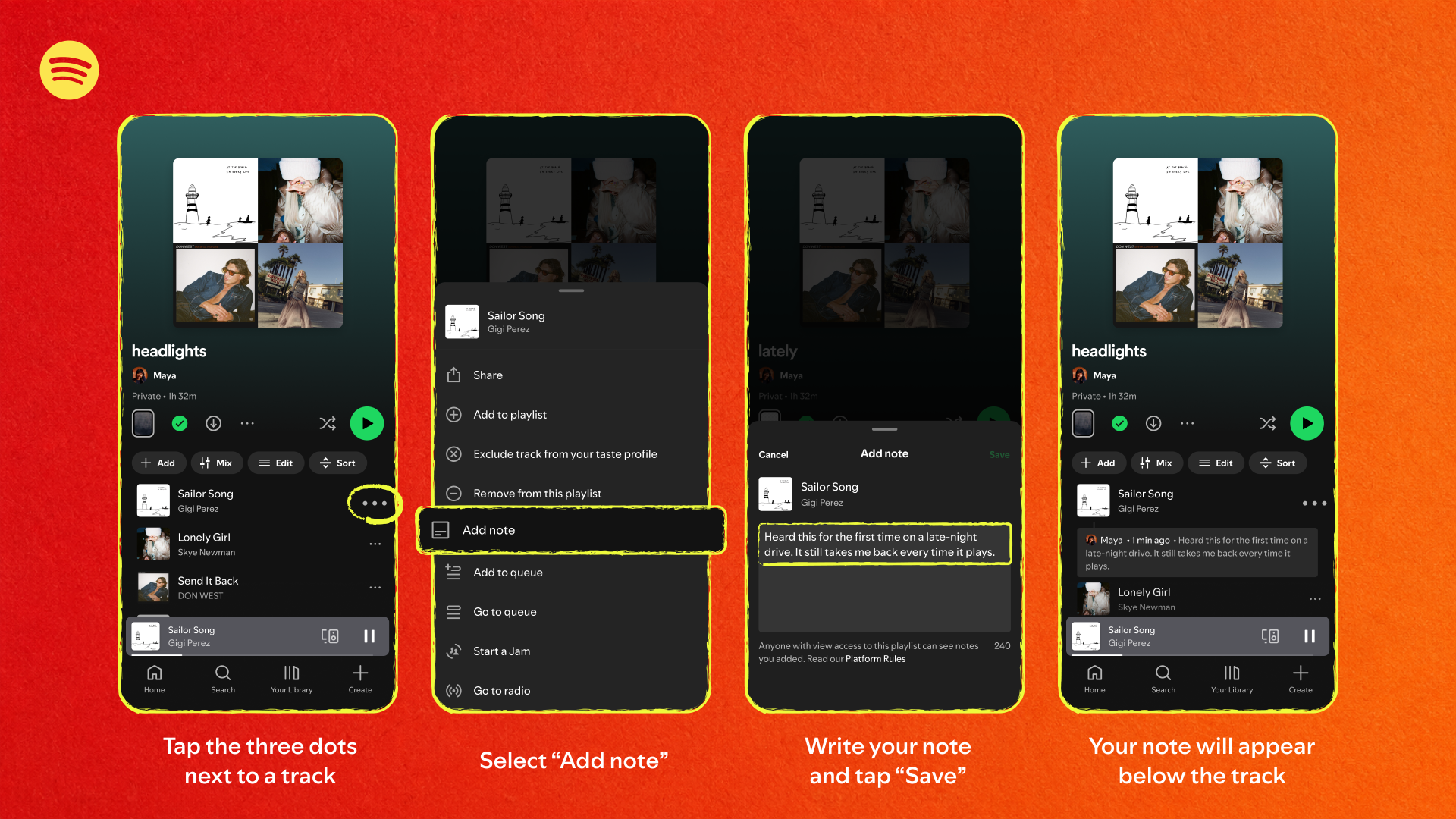 An infographic with four smartphones showing how to add Playlist Notes in Spotify