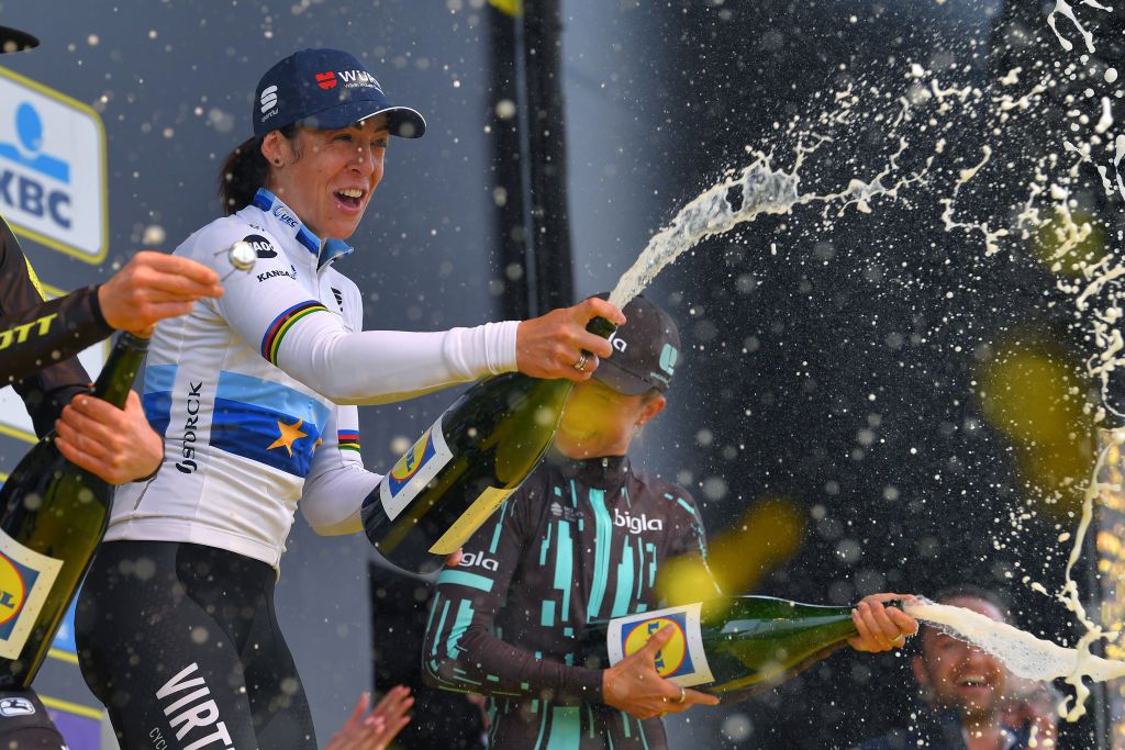 OUDENAARDE BELGIUM APRIL 07 Podium Annemiek Van Vleuten of The Netherlands and Team MitcheltonScott Marta Bastianelli of Italy and Team Virtu Cycling European Champion Jersey Cecilie Uttrup Ludwig of Denmark and Bigla Pro Cycling Team Celebration Champagne during the 16th Tour of Flanders 2019 Ronde van Vlaanderen Women Elite a 1592km race from Oudenaarde to Oudenaarde RondeVlaanderen FlandersClassic RVV19 on April 07 2019 in Oudenaarde Belgium Photo by Tim de WaeleGetty Images