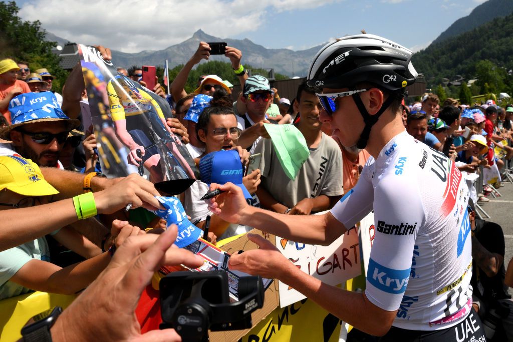 SAINTGERVAIS MONTBLANC FRANCE JULY 19 Tadej Pogacar of Slovenia and UAE Team Emirates White Best Young Rider Jersey meets the media fansstart prior to the stage seventeen of the 110th Tour de France 2023 a 1657km at stage from SaintGervais MontBlanc to Courchevel UCIWT on July 19 2023 in SaintGervais MontBlanc France Photo by David RamosGetty Images