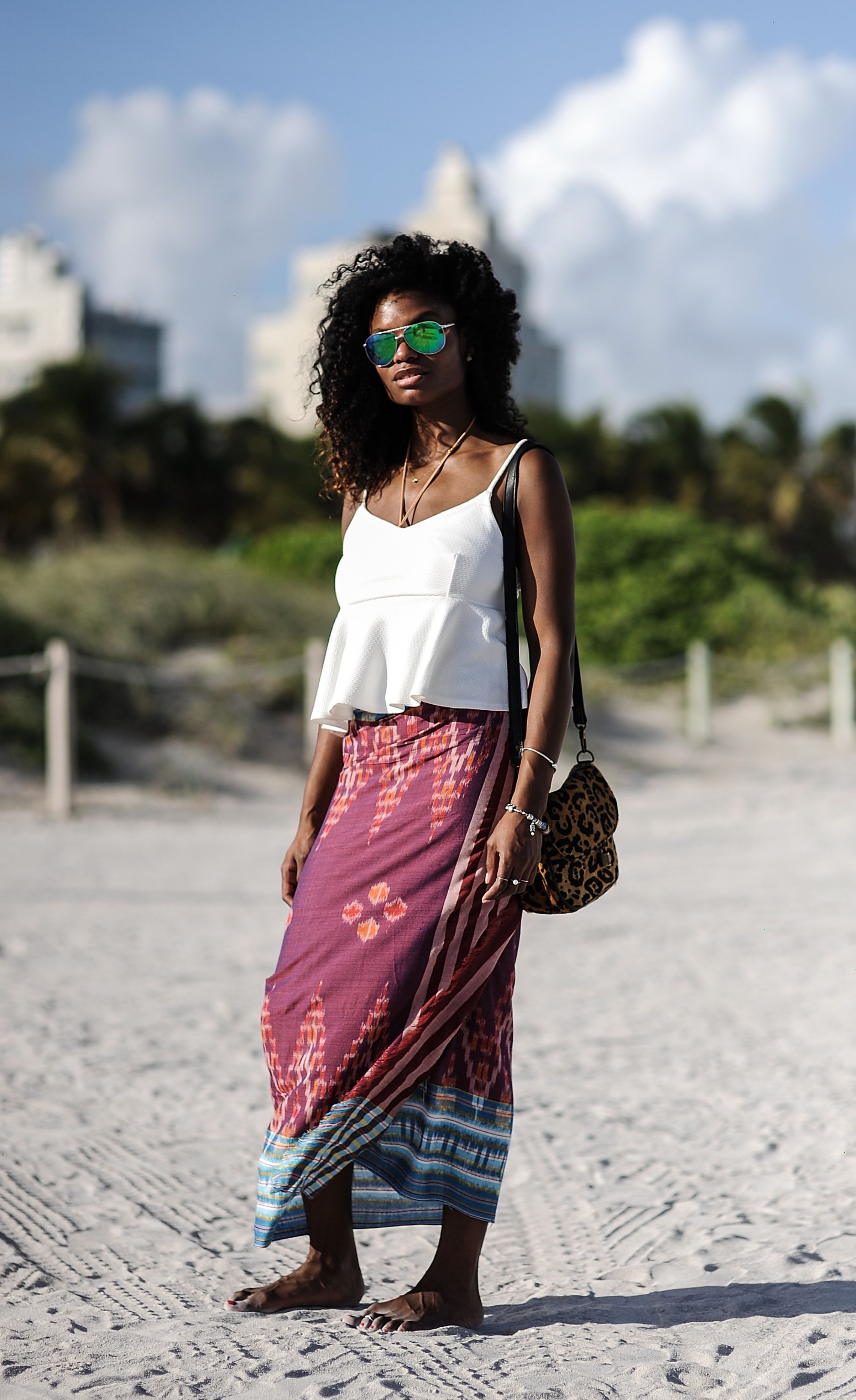 Woman wearing a long skirt as a beach outfit