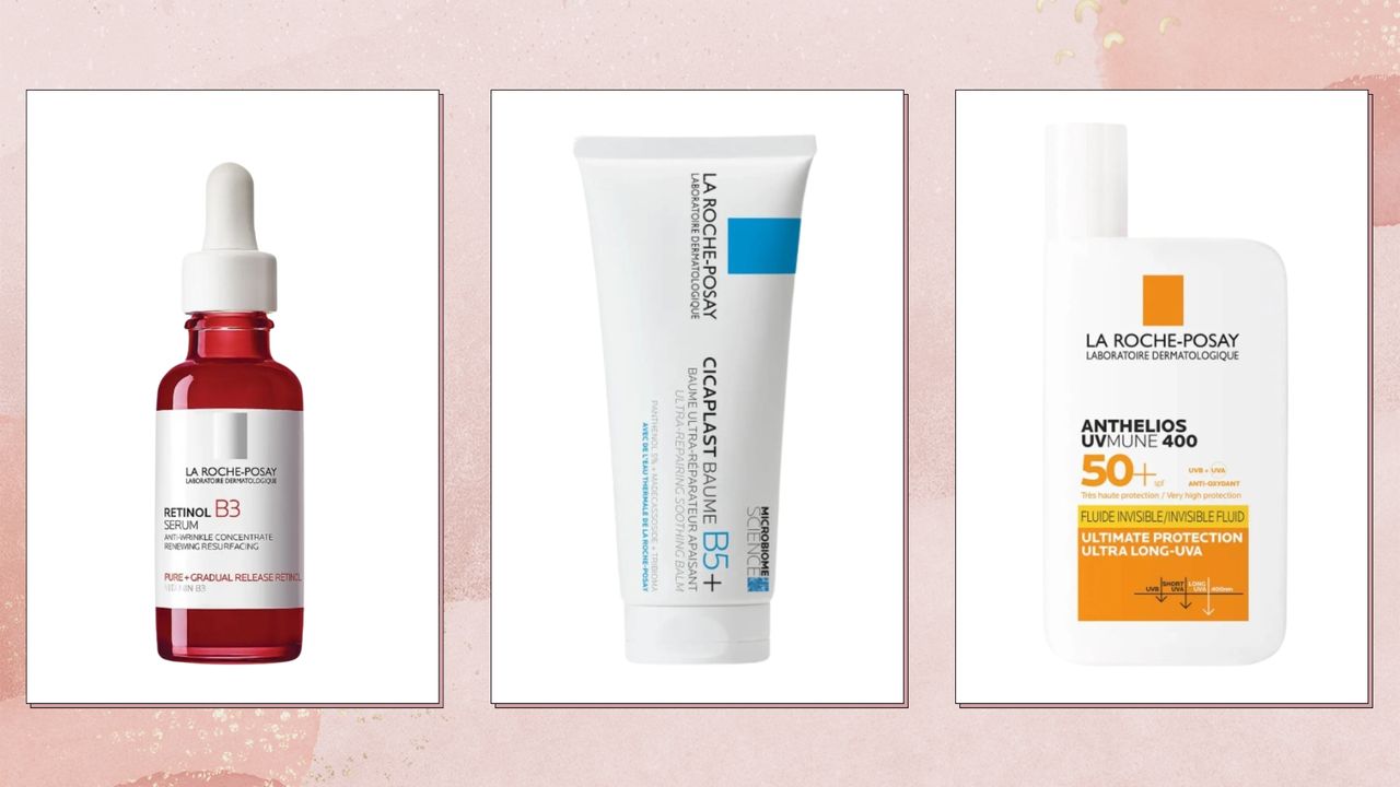 A selection of the Best La Roche-Posay products including, the La Roche-Posay Retinol B3 Anti-Ageing Serum, La Roche Posay Cicaplast Balm B5 Multipurpose Repairing Balm and the La Roche-Posay Anthelios UVMune 400 Invisible Fluid SPF50+ Sun Cream/ in a pink gradient watercolour, 3-picture template