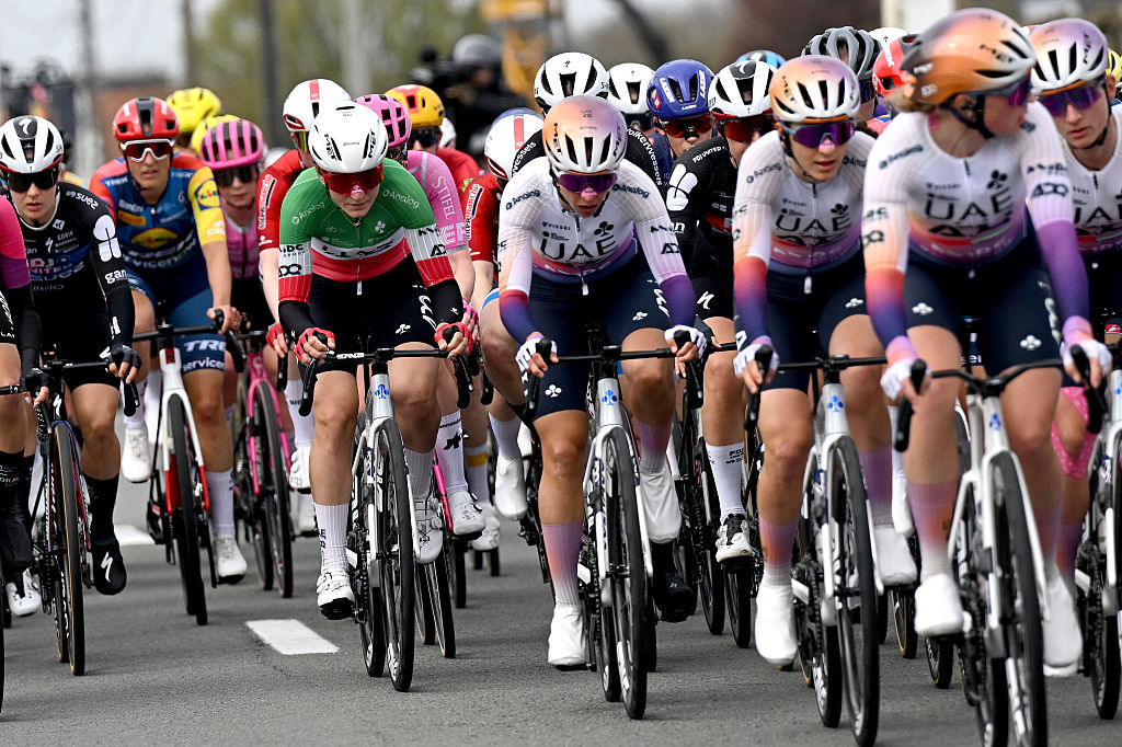 WAREGEM, BELGIUM - APRIL 01: Elisa Longo Borghini of Italy and UAE Team ADQ competes during the 14th Dwars door Vlaanderen 2026 - Women's Elite a 128.8km one day race from Waregem to Waregem / #UCIWWT / on April 01, 2026 in Waregem, Belgium. (Photo by Luc Claessen/Getty Images)