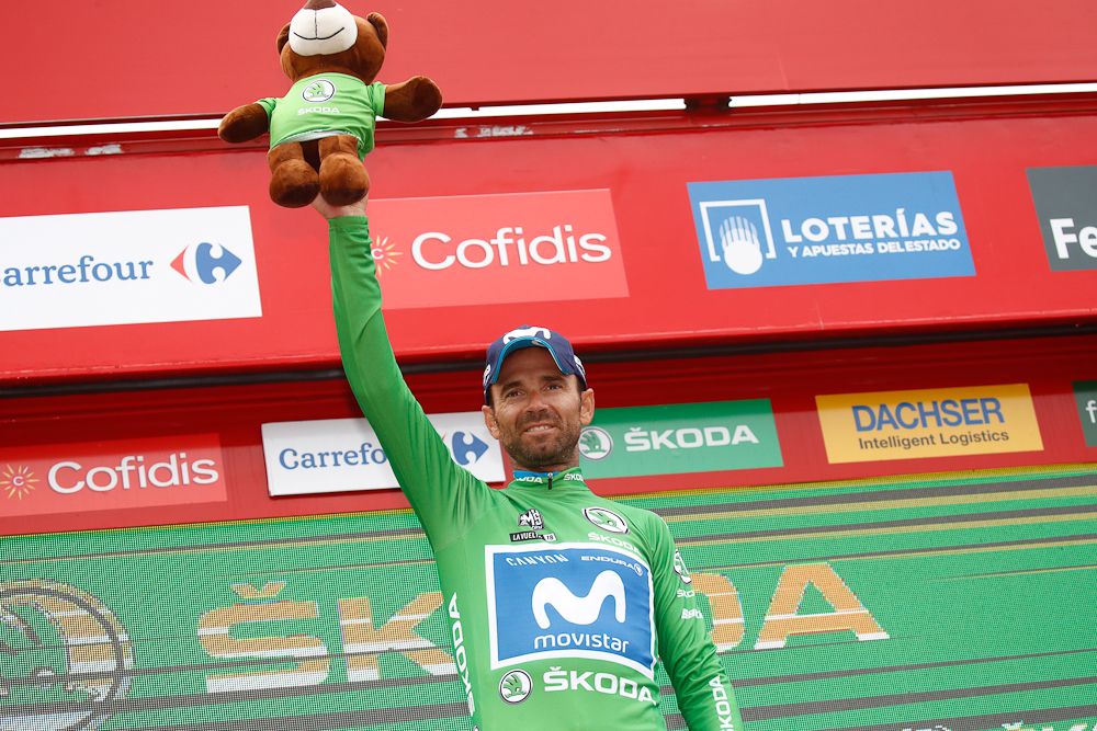 Alejandro Valverde (Movistar) in green after stage 12 of the Vuelta