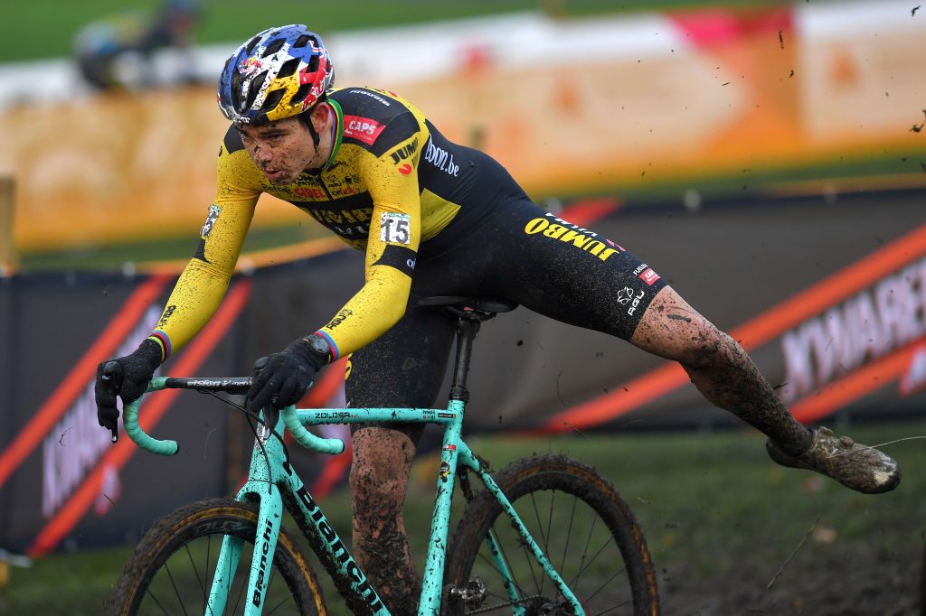 BOOM BELGIUM DECEMBER 06 Wout Van Aert of Belgium and Team JumboVisma Mud during the 6th Superprestige Cyclocross Boom 2020 Men Elite De Schorre Boom Superprestige2021 SPBoom SuperprestigeCX on December 06 2020 in Boom Belgium Photo by Luc ClaessenGetty Images
