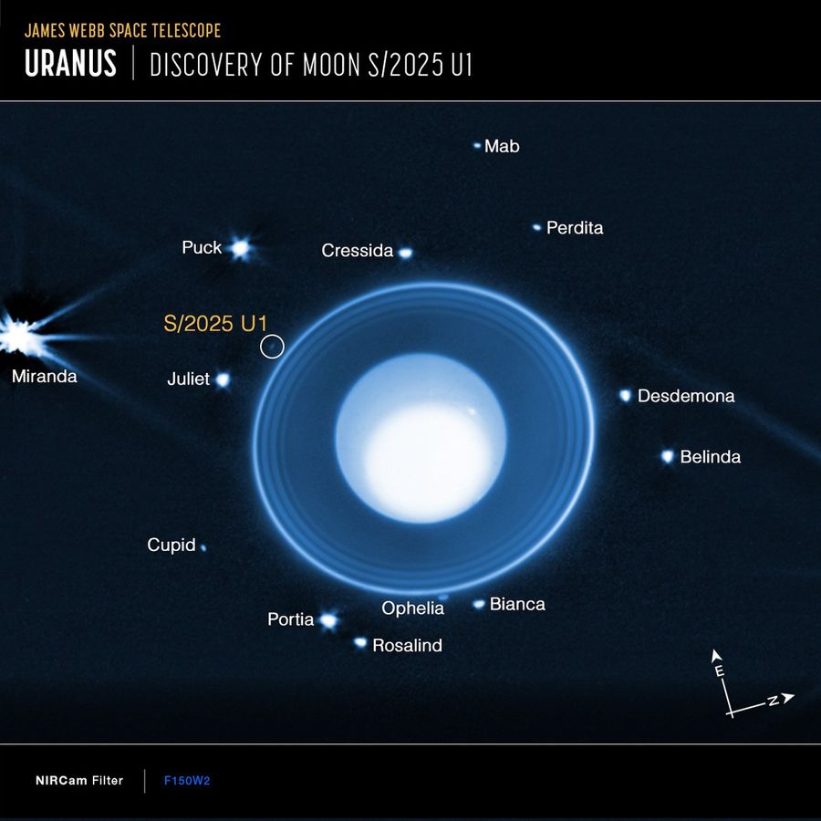 Uranus and some of its moons, with S/2025 U1 circled.