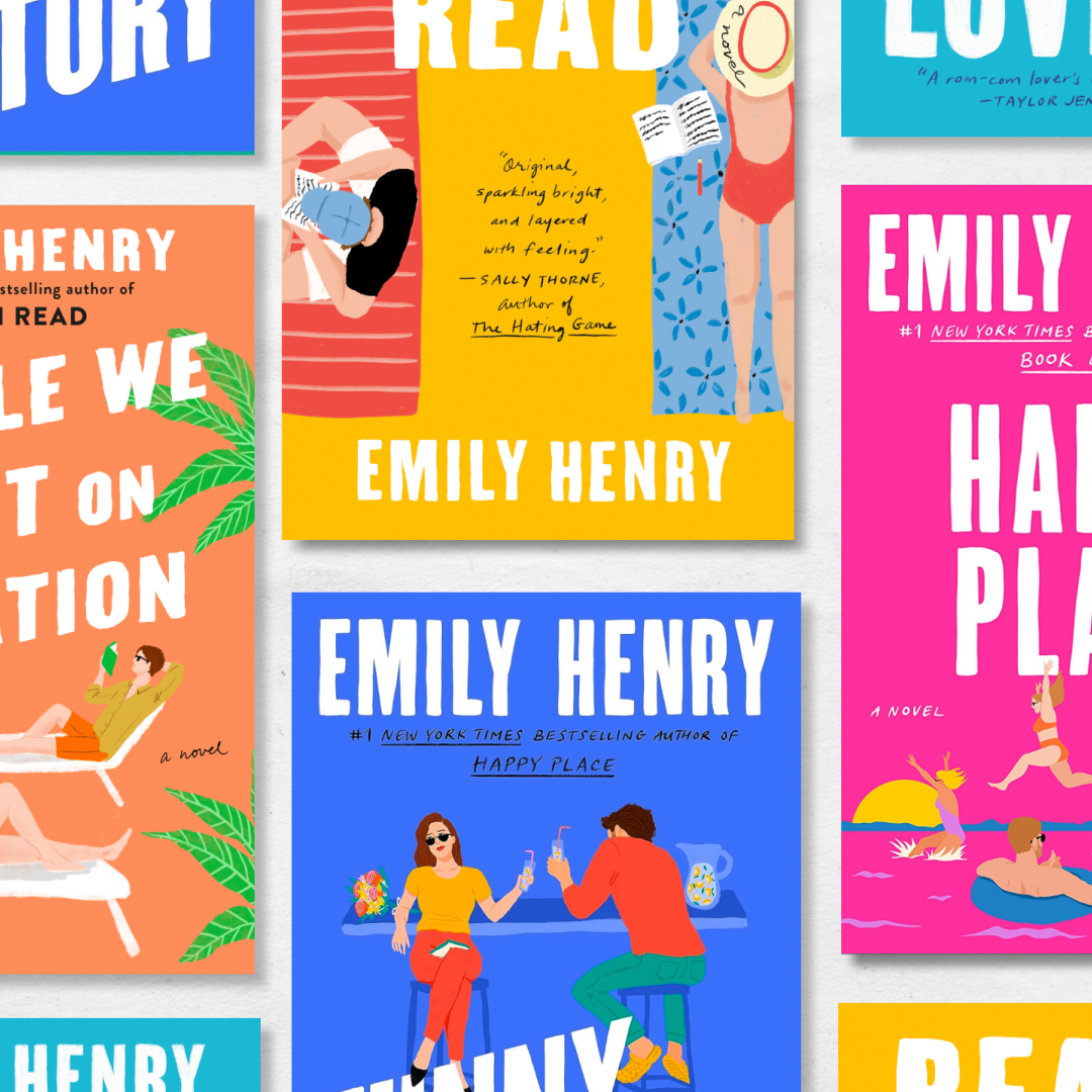 a collage of book covers of emily henry&#039;s various romance novels