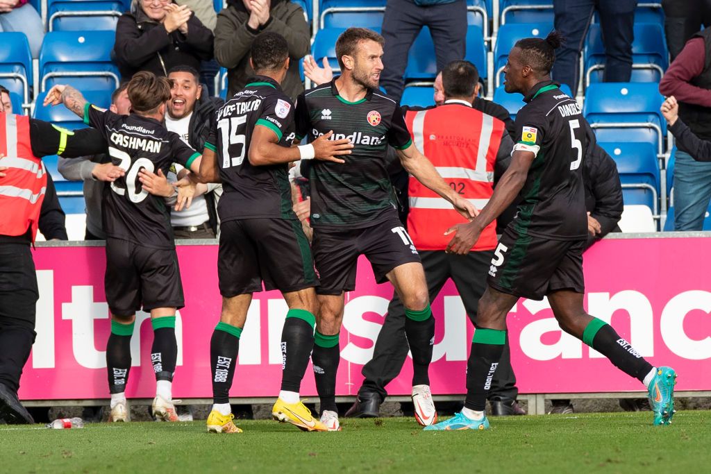 Walsall season preview 2023/24 Goal 1-1 Andy Williams (11) of Walsall F.C celebrates his goal with team-matesduring the Sky Bet League 2 match between Stockport County and Walsall at the Edgeley Park Stadium, Stockport on Saturday 1st October 2022. (Photo by Mike Morese/MI News/NurPhoto via Getty Images)