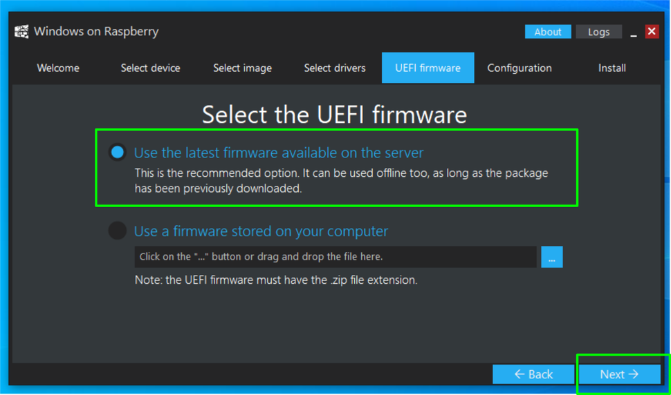 seleccione el firmware UEFI en WOR