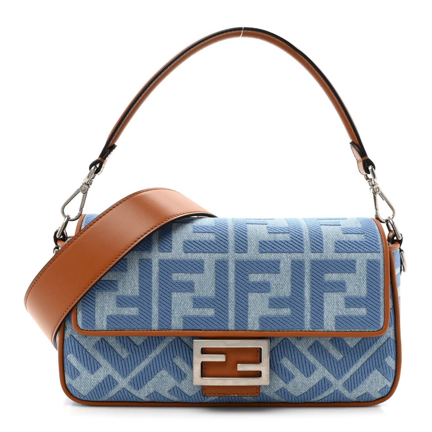 Fendi, Denim Vitello King FF Embroidered Baguette Denim Chiaro Brandy