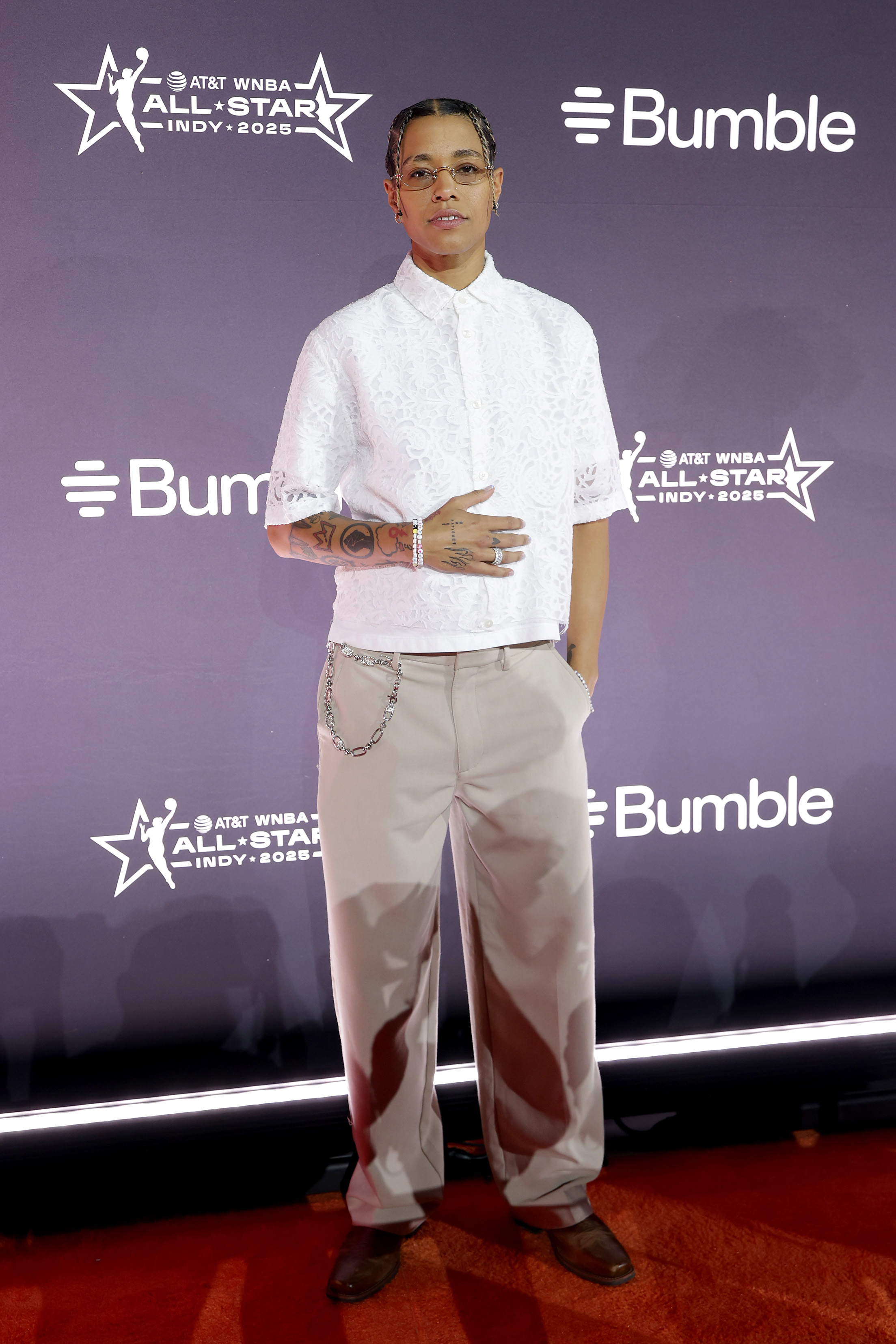 INDIANAPOLIS, INDIANA - JULY 17: Natasha Cloud of the New York Liberty walks the orange carpet during the 2025 AT&T WNBA All-Star weekend at Indiana Convention Center on July 17, 2025 in Indianapolis, Indiana.